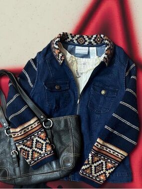 Denim Jacket with Patterned Knit Trim
